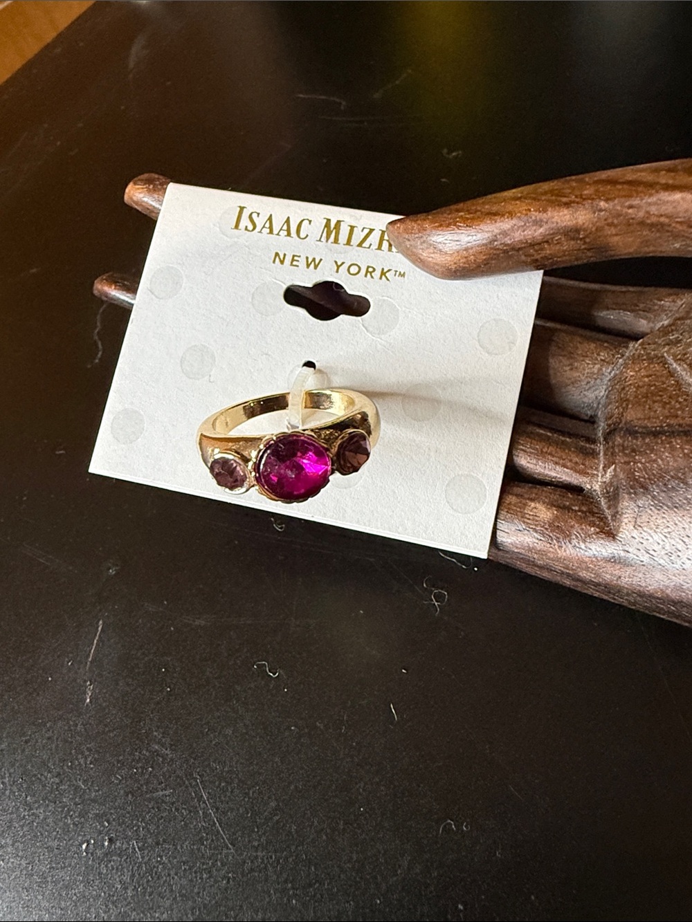 Isaac Mizrahi New York Fuchsia Pink Three Stone Cocktail Ring Gold Tone